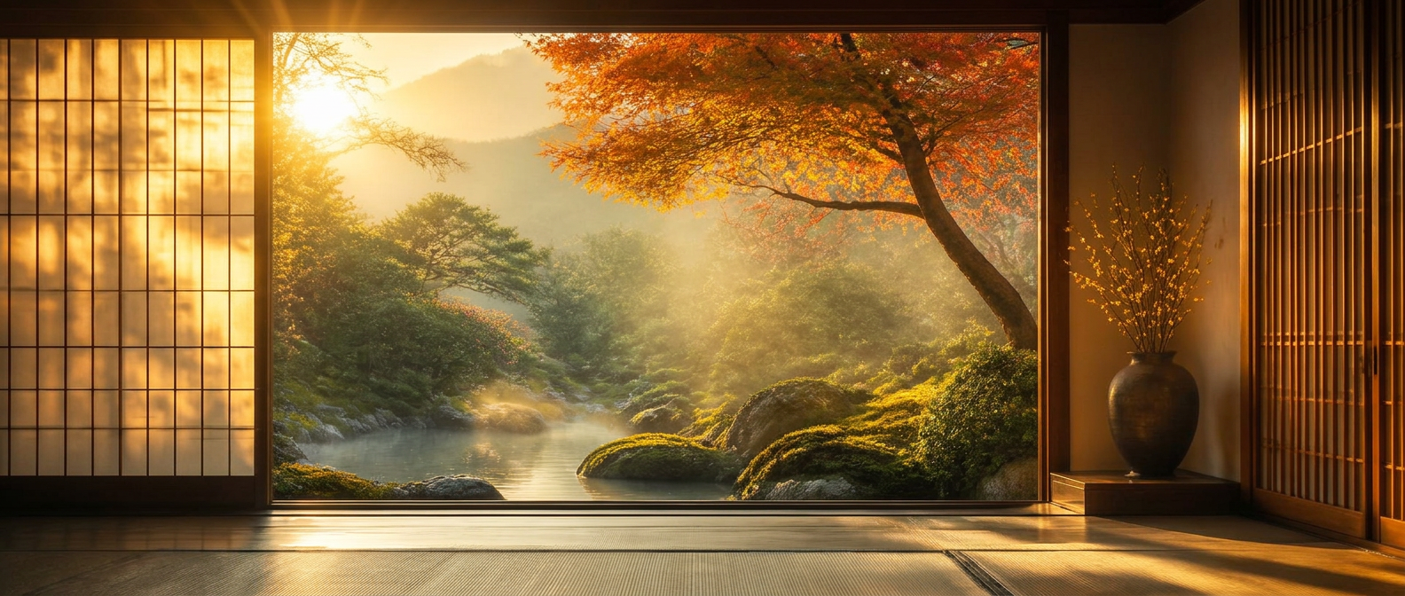A serene traditional Japanese garden seen through open shoji screens, bathed in warm golden morning light