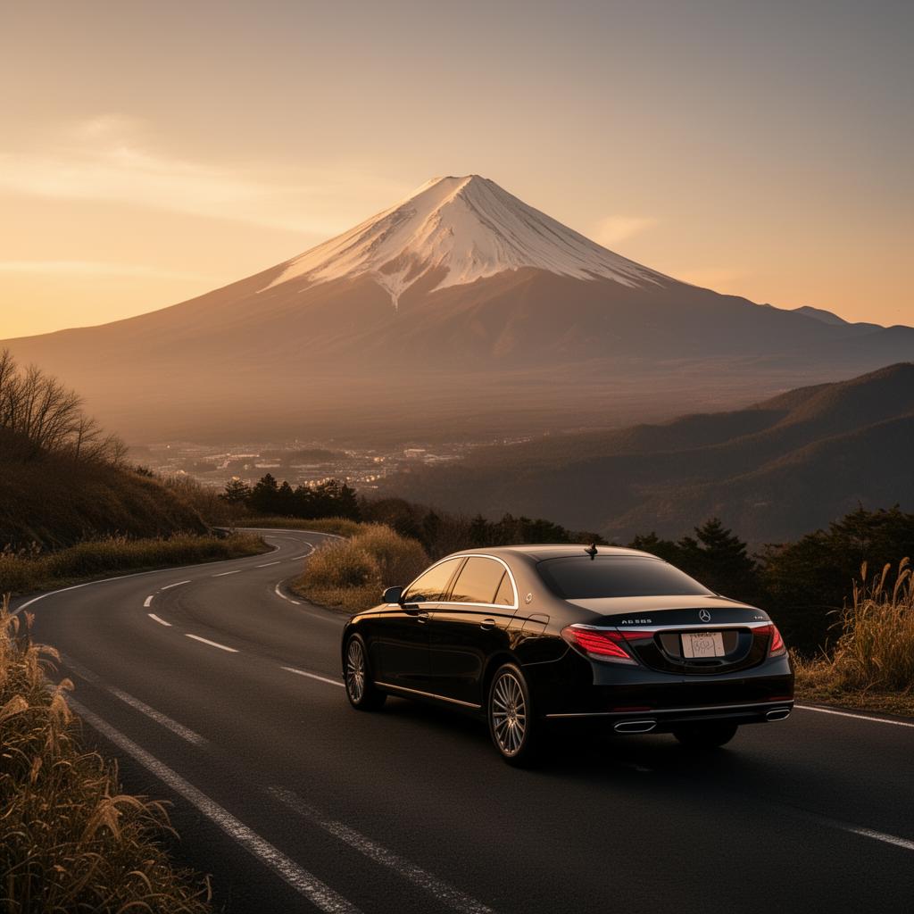 Black luxury car on a scenic road with snow-capped Mount Fuji