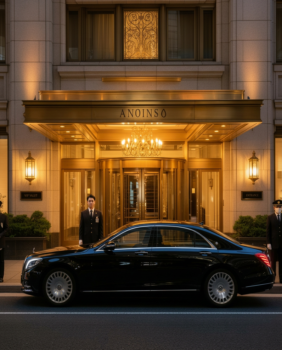 Black luxury car and chauffeur at an elegant Tokyo hotel entrance