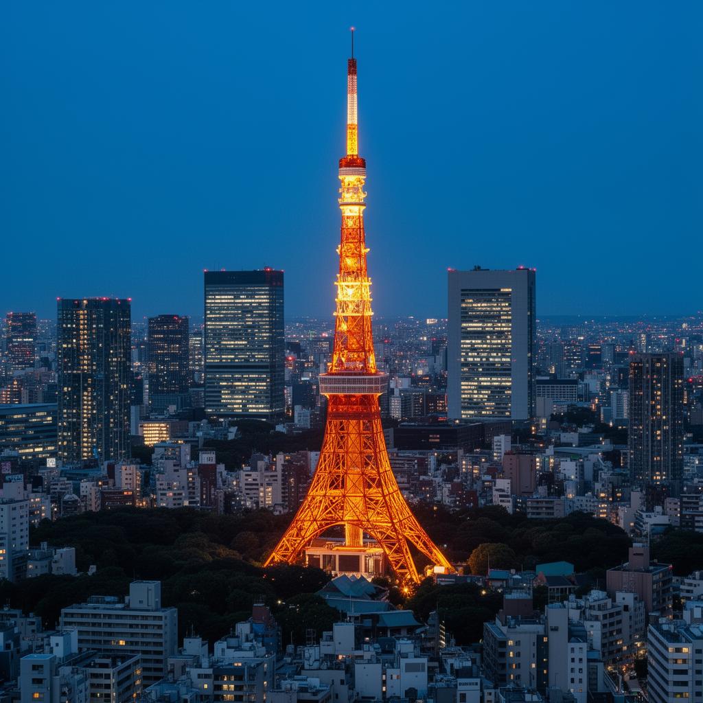 Tokyo Tower glowing at dusk seen through a luxury car window