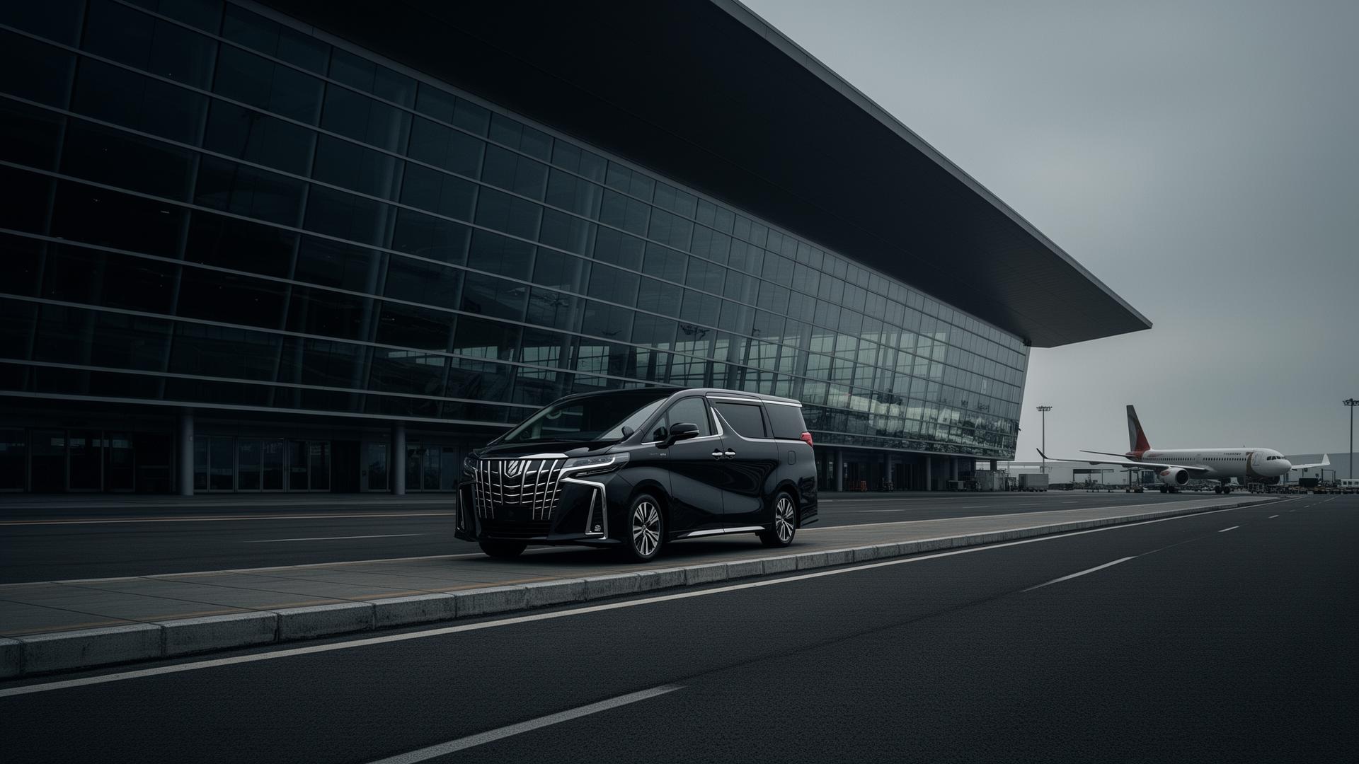 A professional chauffeur beside a black Toyota Alphard at a modern airport terminal