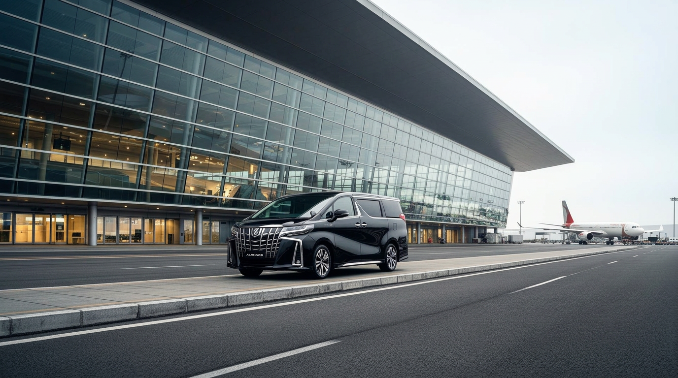A professional chauffeur beside a black Toyota Alphard at a modern airport terminal