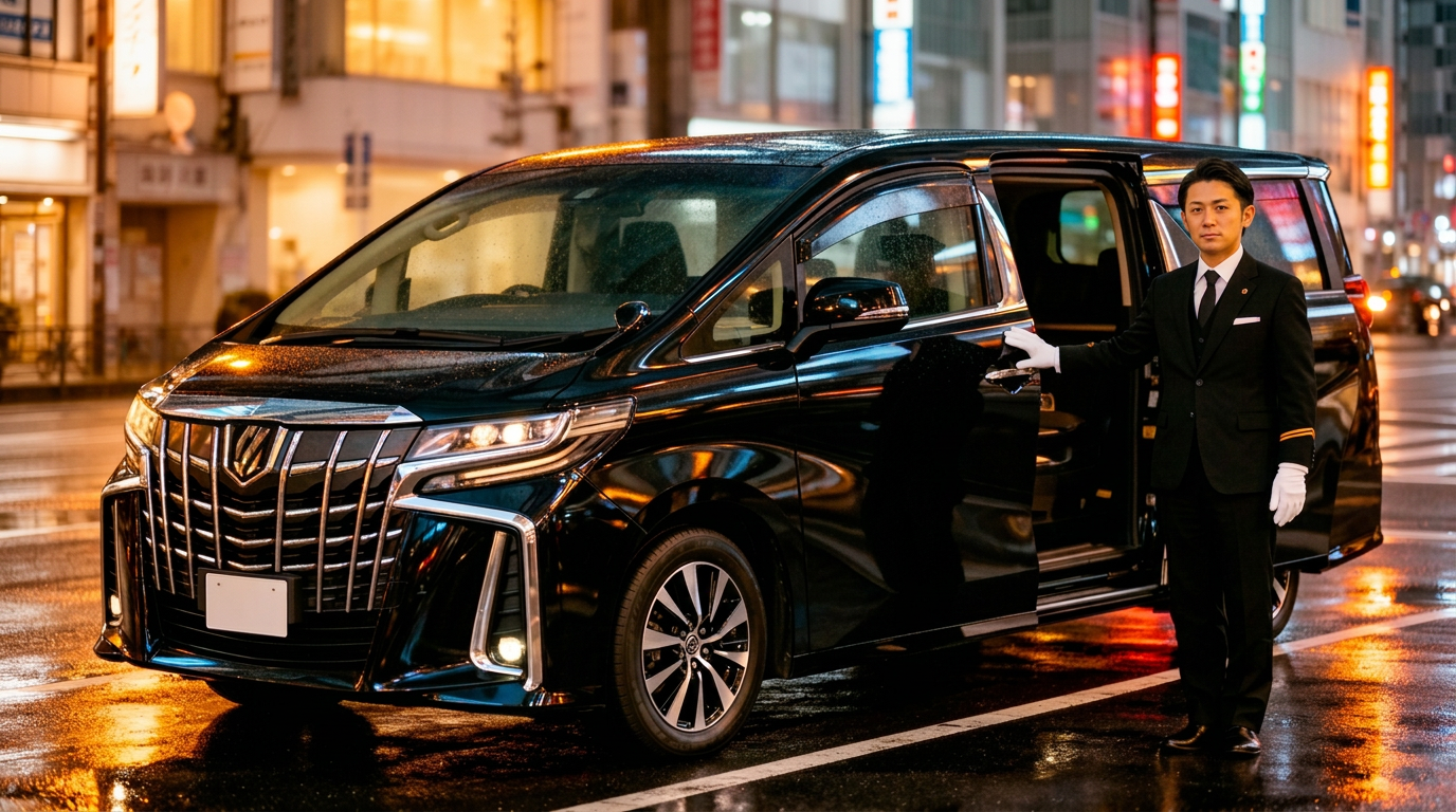 A professional chauffeur opening the door of a black Toyota Alphard on a Tokyo street at night