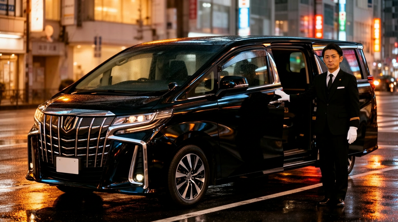 A professional chauffeur opening the door of a black Toyota Alphard on a Tokyo street at night