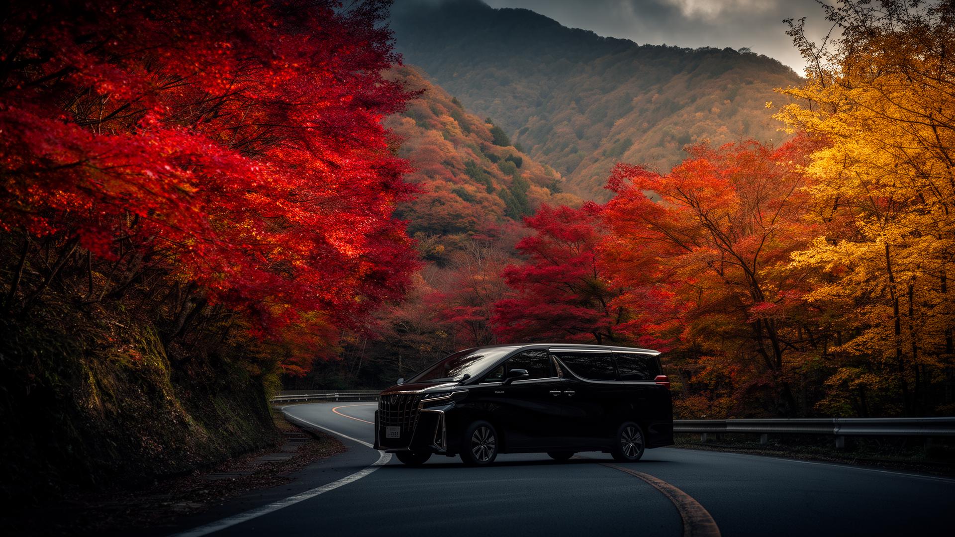 A professional chauffeur beside a black Toyota Alphard on a road surrounded by autumn foliage