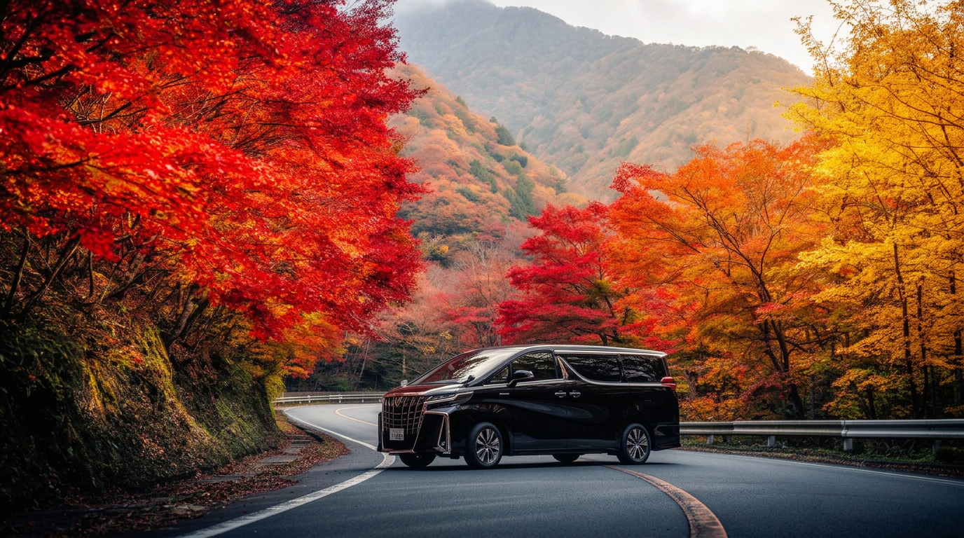 A professional chauffeur beside a black Toyota Alphard on a road surrounded by autumn foliage