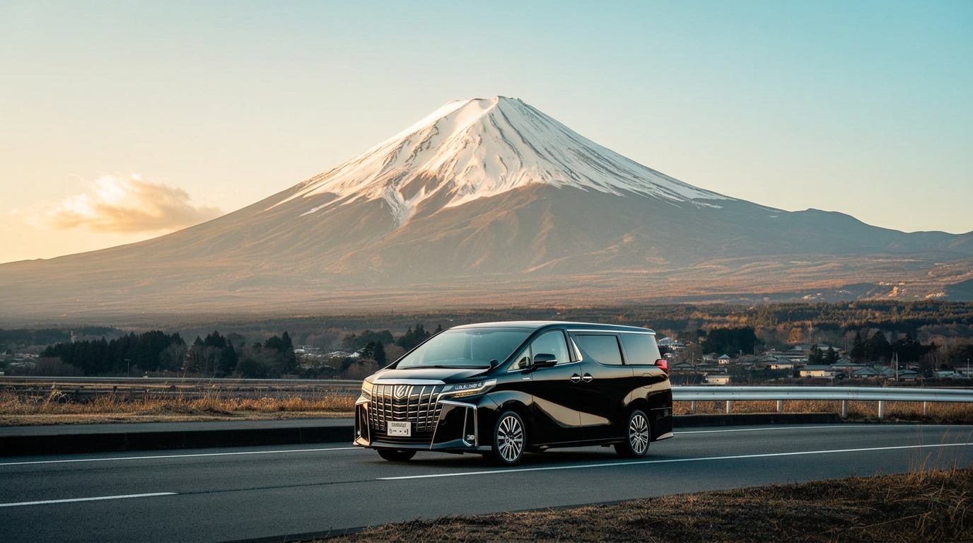 A professional chauffeur beside a black Toyota Alphard with snow-capped Mount Fuji in the background