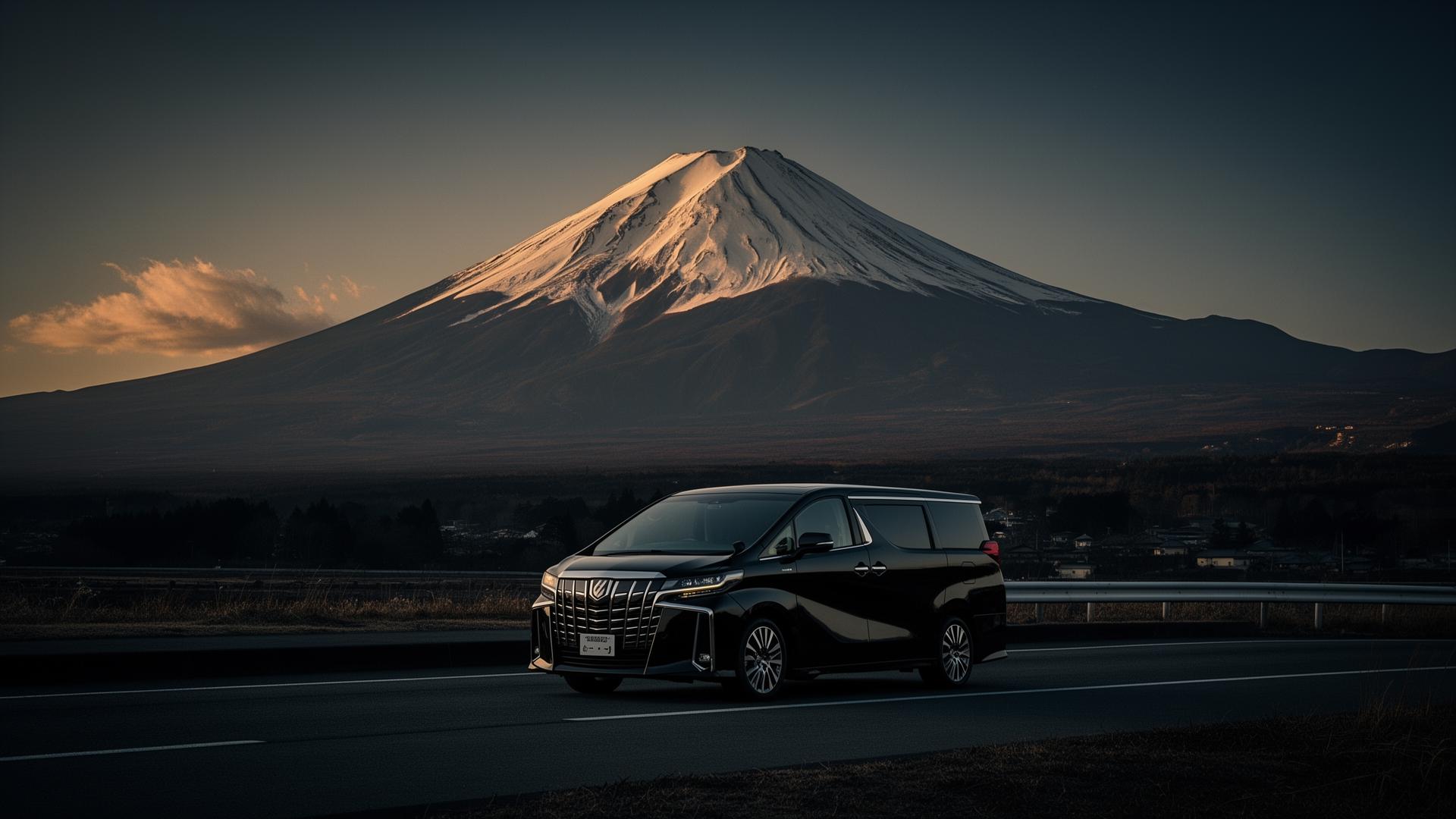 A professional chauffeur beside a black Toyota Alphard with snow-capped Mount Fuji in the background