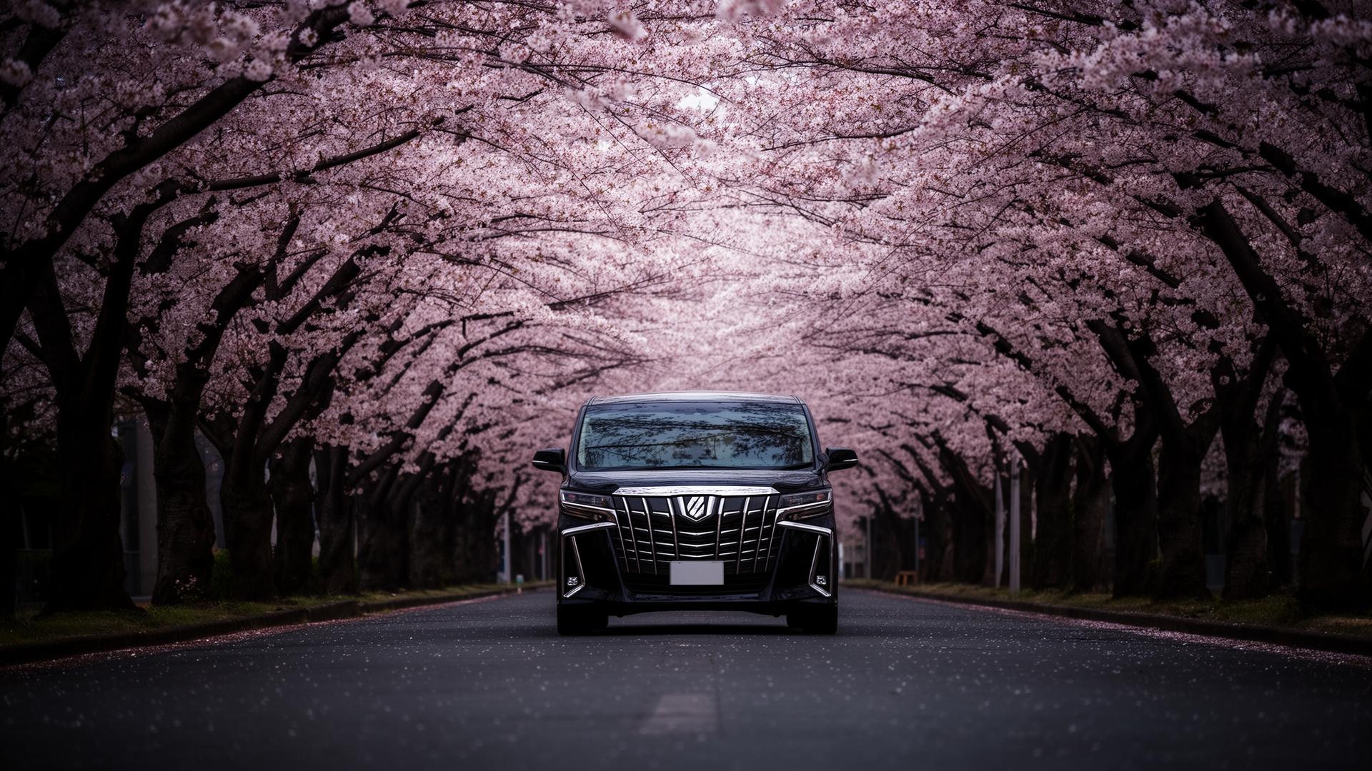 A professional chauffeur beside a black Toyota Alphard on an avenue of blooming cherry blossom trees