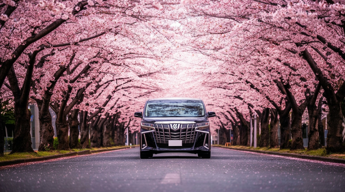 A professional chauffeur beside a black Toyota Alphard on an avenue of blooming cherry blossom trees