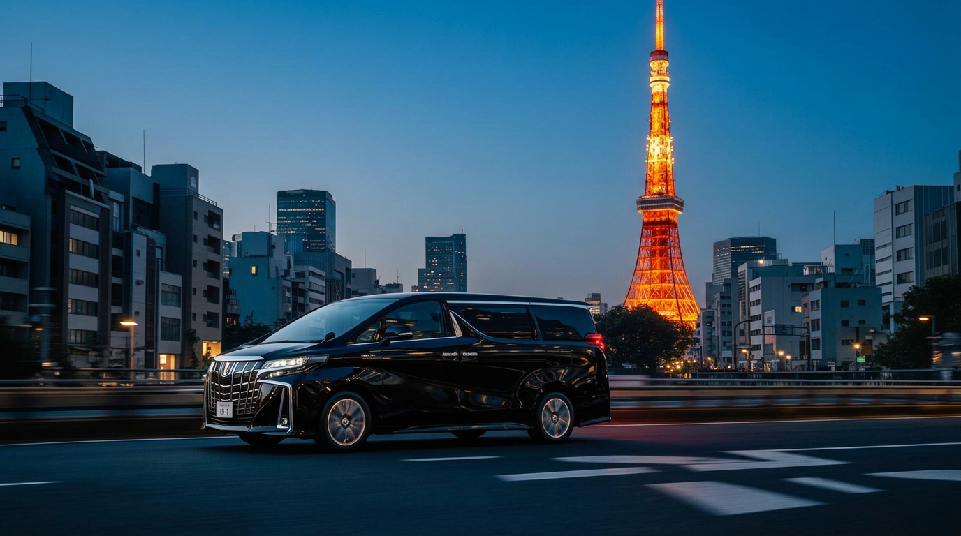 A professional chauffeur beside a black Toyota Alphard with the illuminated Tokyo Tower in the background