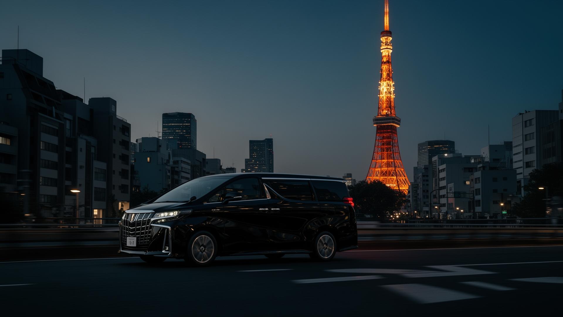 A professional chauffeur beside a black Toyota Alphard with the illuminated Tokyo Tower in the background